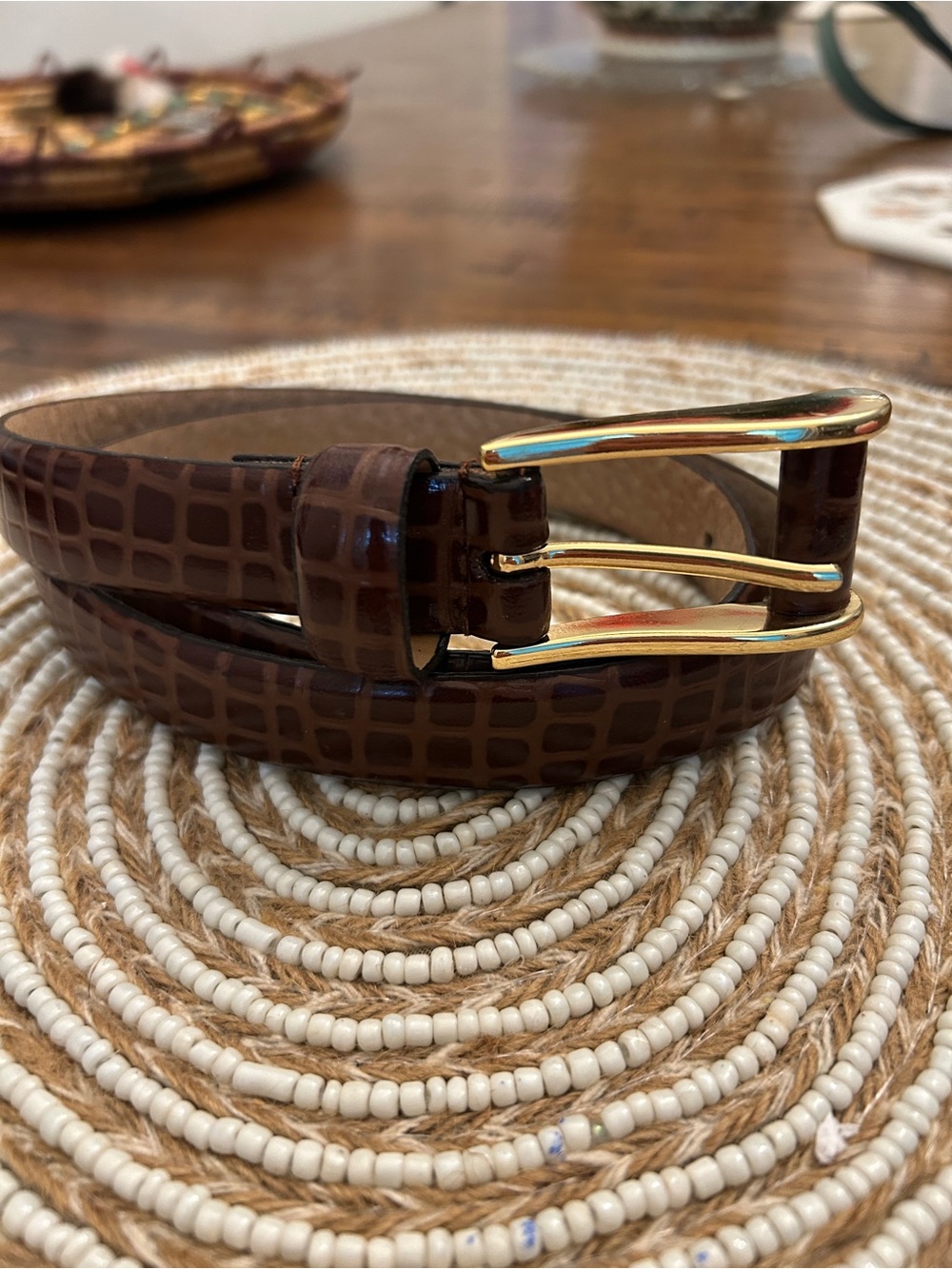 Kim Rogers Brown Croc-Embossed Leather Belt with Gold Buckle